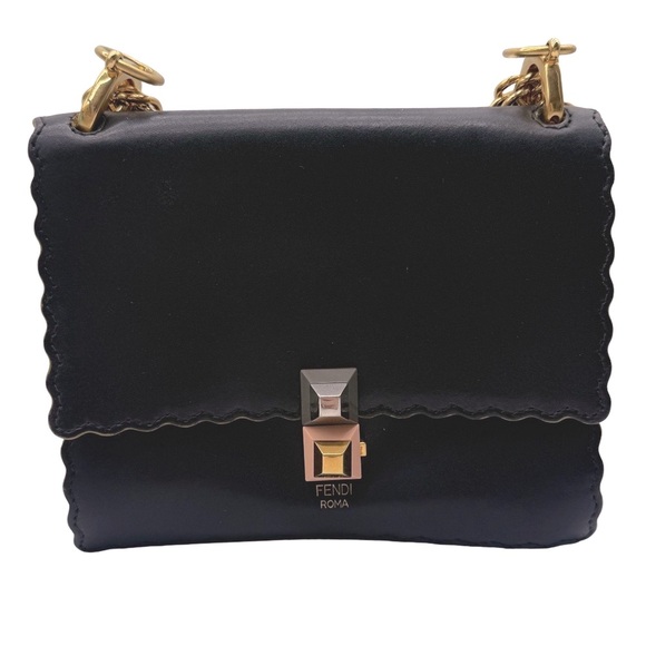 FENDI Vitello Liberty Scalloped Studded Small Kan Shoulder Bag in Black - Picture 1 of 10